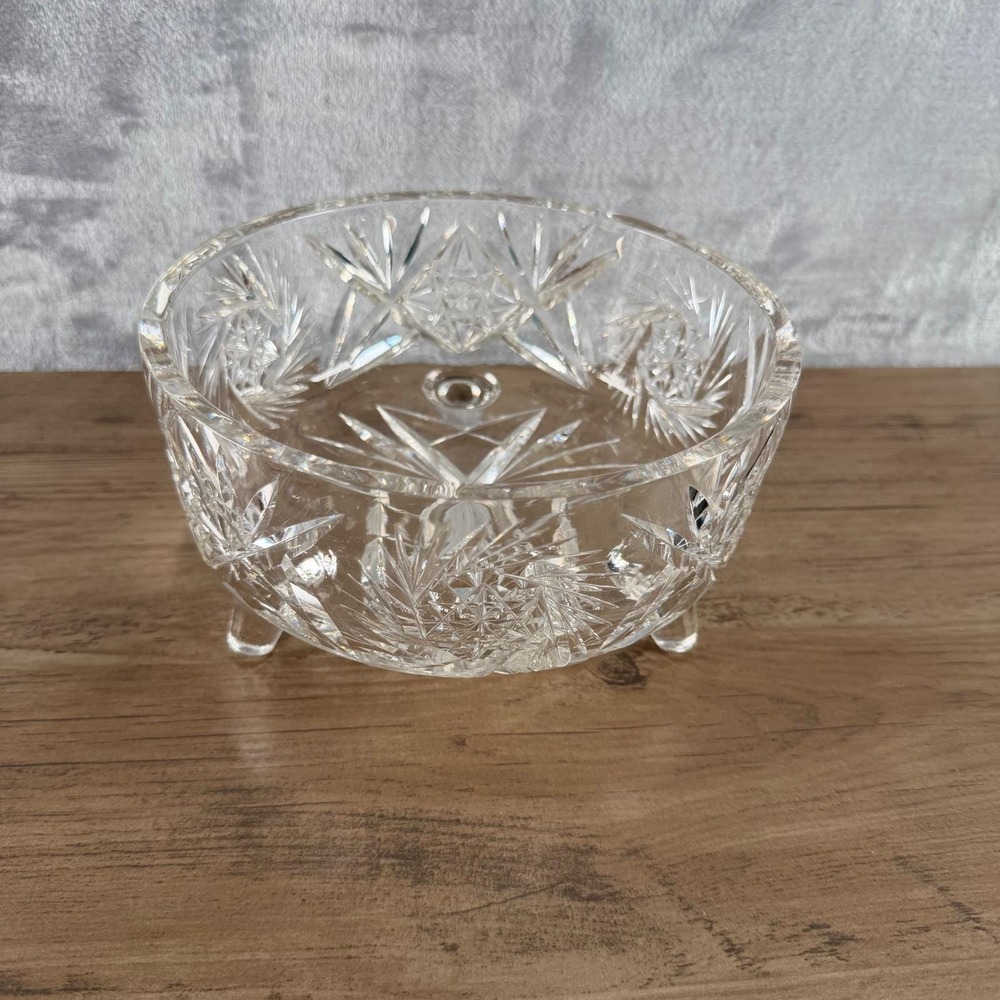 Vintage Cut Glass Footed Bowl Pinwheel Star Pattern Crystal Candy Dish 7 Inch